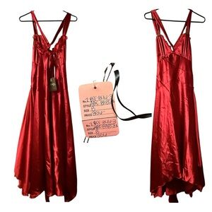ABS Allen Schwartz Red Satin V-Neck Prom Gown